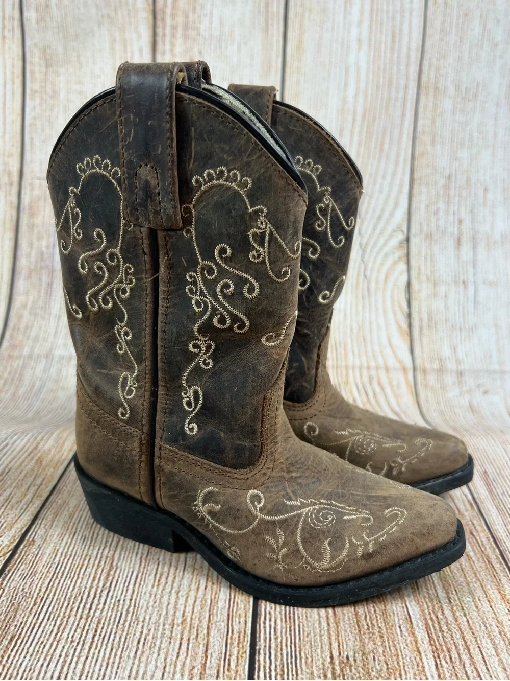 Girls Smoky Mountain Antique Mocha Cream Embroidery Snip Toe Cowgirl Boots Size